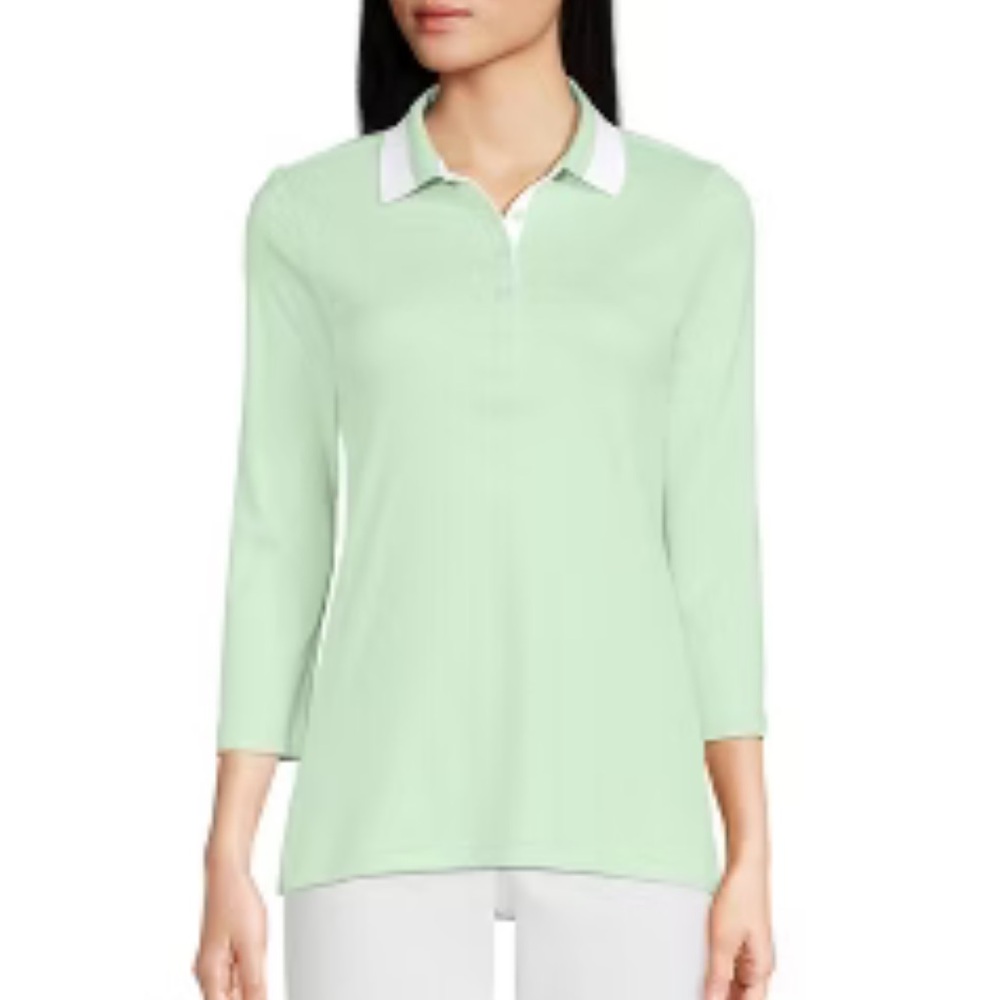 Land’End supima  cotton 3/4 sleeve Polo shirt women’s size LP 14/16 green NWT
